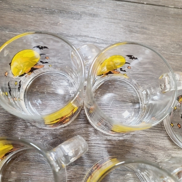 Vintage Halloween Clear Glass Witch Full Moon Bats Mug Set of 6 - Picture 9 of 11